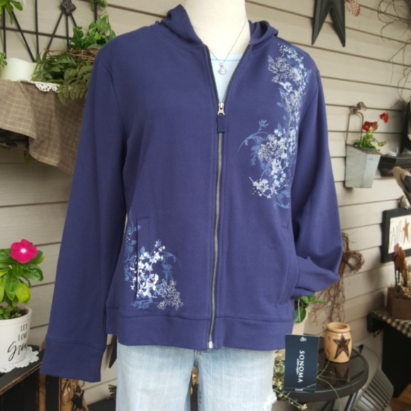 SONOMA ♡ Navy|White|Gray Embroidered | Embellished Floral L|S Hoodie Jacket PL - Picture 13 of 17